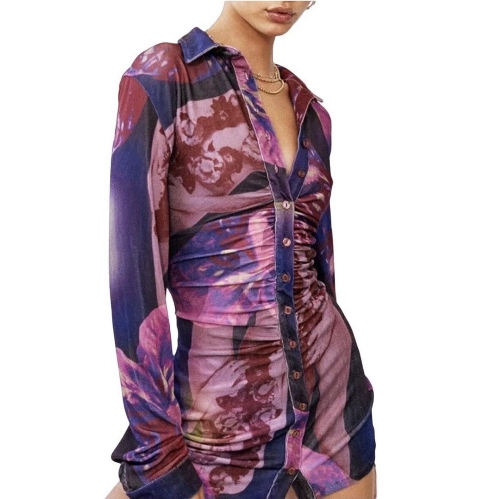 With Jéan Flamboyant Anthurium Button Up Collar Floral Fitted Mini Andy Dress‎ L